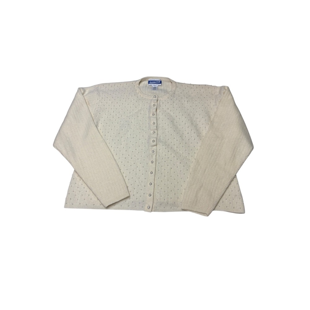 Vintage Pendleton Womens Cream Lambswool Angora Pearl Beaded Cardigan Sweater L